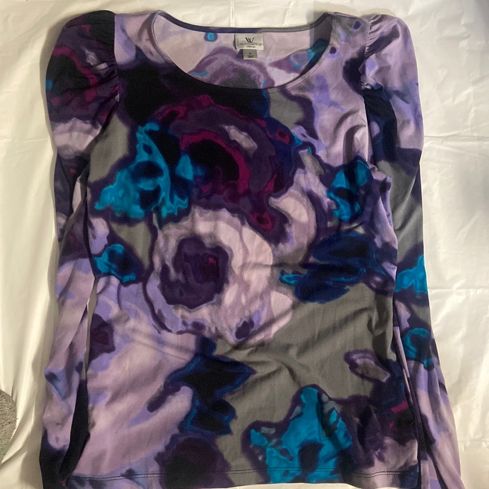 BLOUSE — PURPLE & TURQUOISE ROSES DETAIL — SZ S / M
